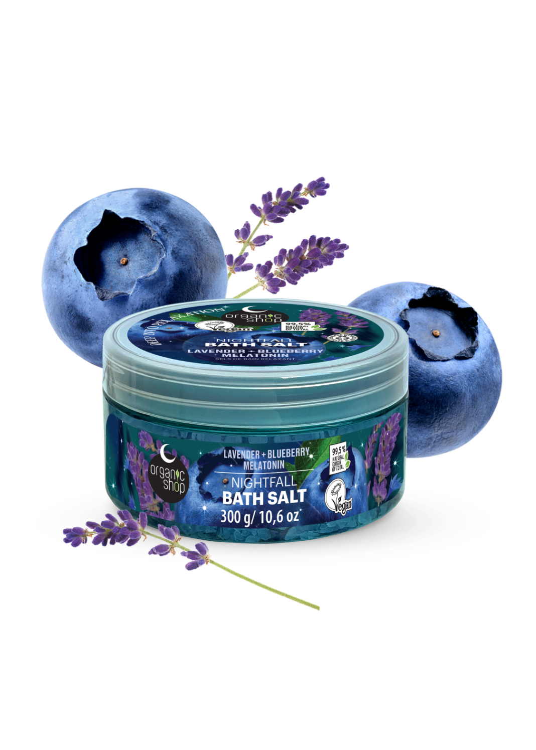 A container of lavender blueberry melatonin bath salt on a white background