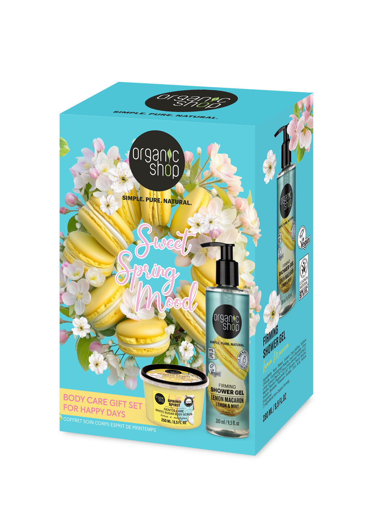 Organic Shop Sweet Spring Mood gift set packaging with flowers and product images.