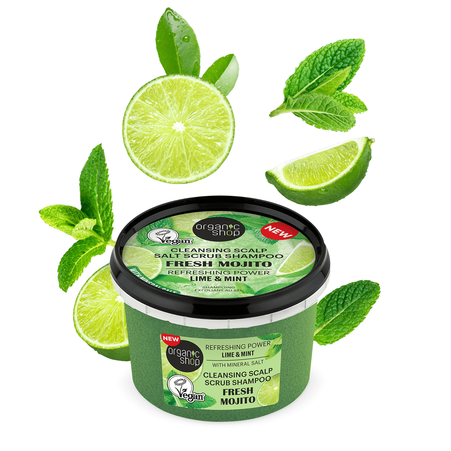 Salt Scrub Shampoo. Fresh Mojito. Refreshing Power. Lime & Mint