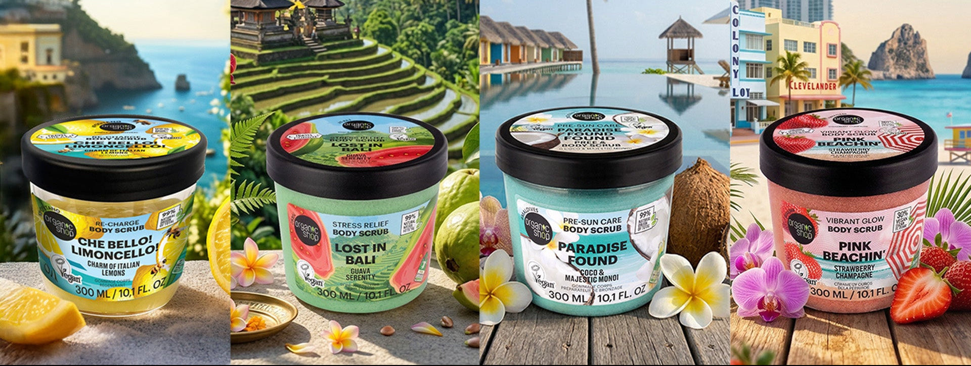 Collage of travel-themed products with scenic backgrounds